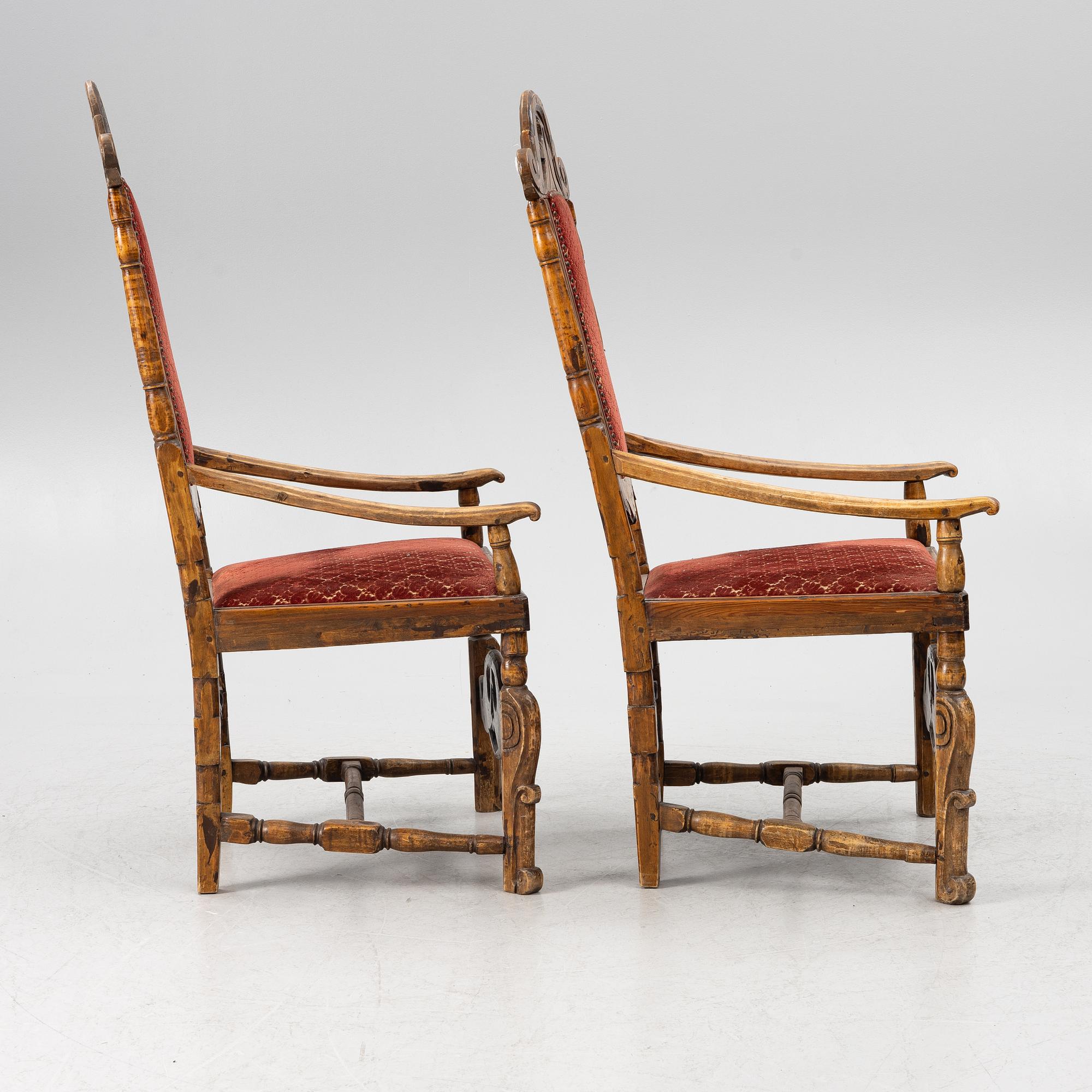 Armchairs, a pair, Baroque style 18th/19th century possibly with some earlier parts.
