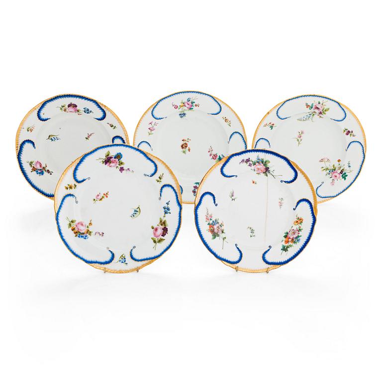 Five Russian porcelain plates by the Imperial Porcelain Factory, S:t Petersburg, period of Nicholas I.