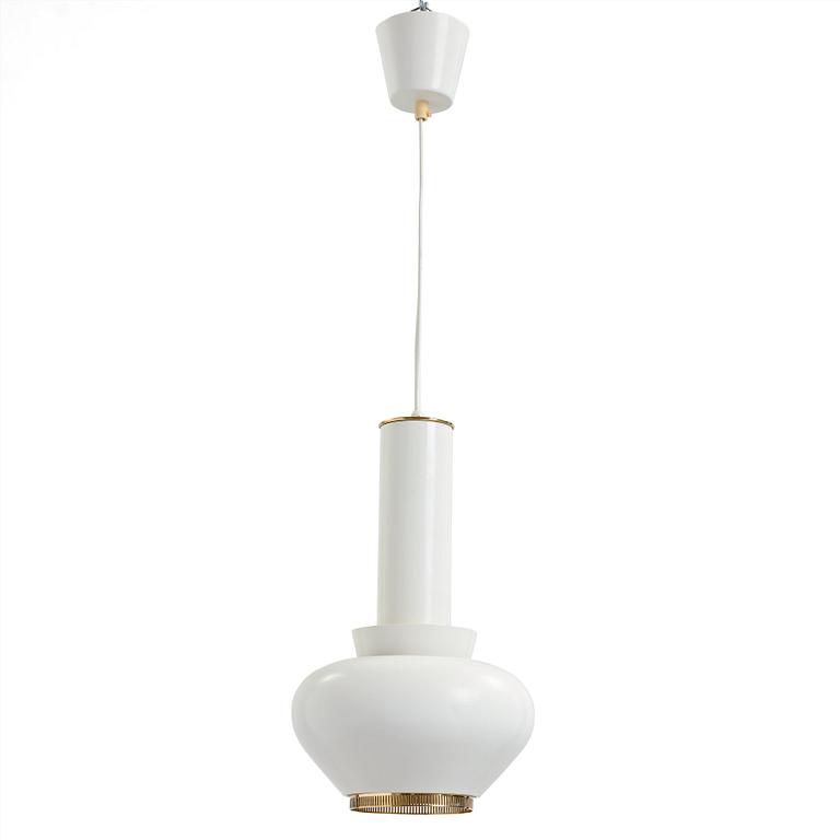 Alvar Aalto, An Alvar Aalto model 'A 334' white lacquered metal and brass ceiling lamp by Valaistustyö, Finland 1950's.