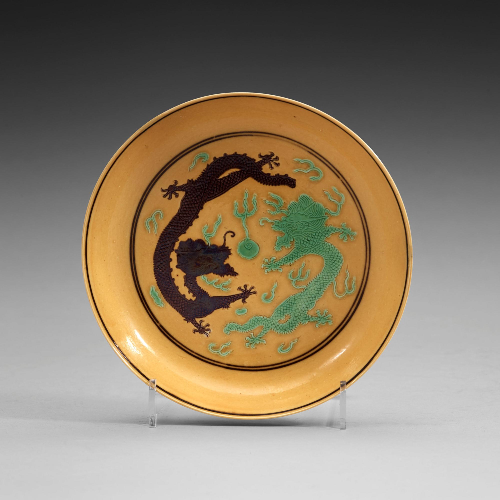 A yellow ground dragon dish, Qing dynasty with Guangxu six character mark and period (1875-1908).