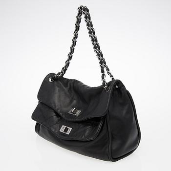 A Black Leather Double Mademoiselle Lock Flap Bag.