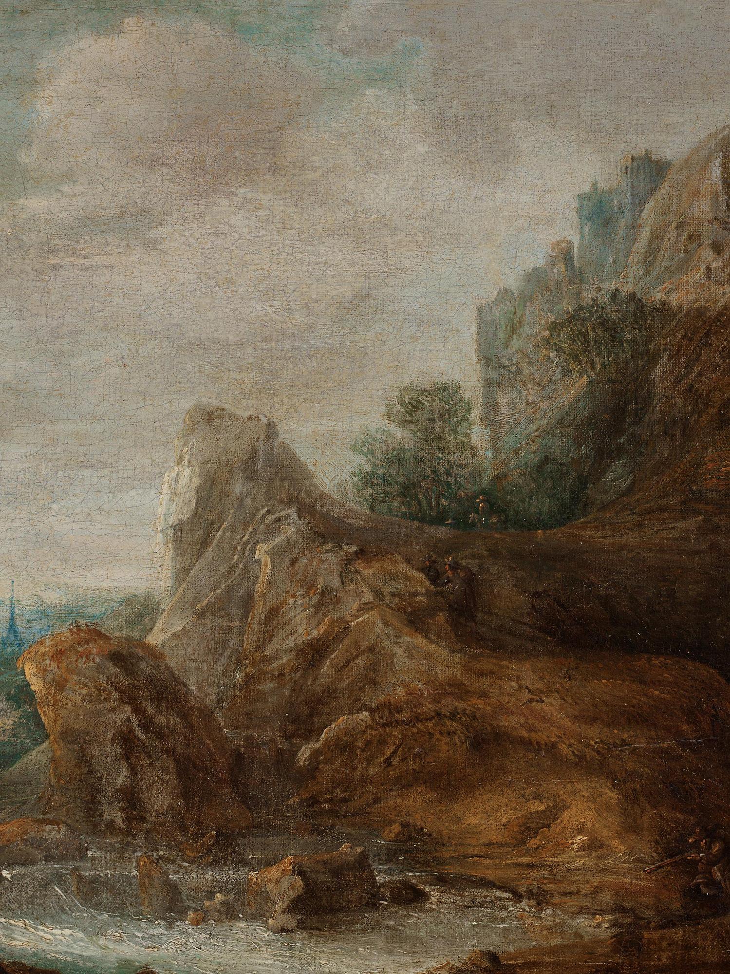 Frans de Momper, circle of, Mountainous river landscape with hunters.