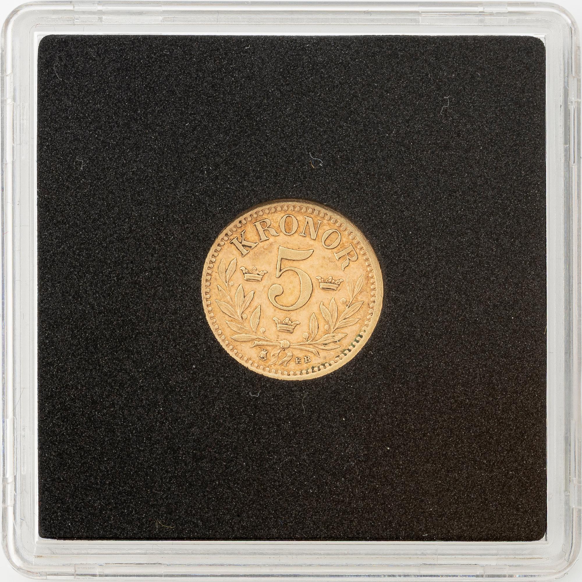 Guldmynt, Oscar II, 5 kronor, typ I, Sverige 1894.