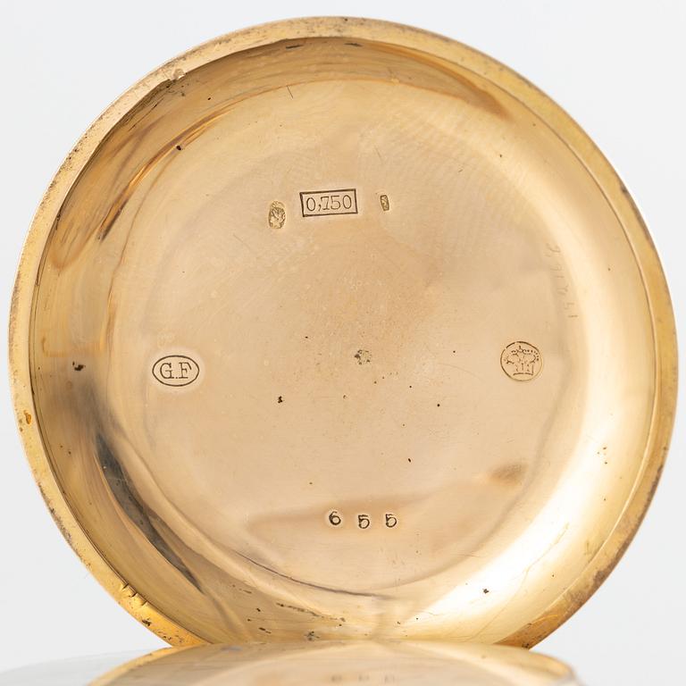 Grosjean Freres, pocket watch, 18K gold, hunter, chain in 18K gold, 53 mm.