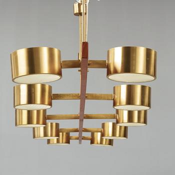 A Hans Agne Jakobsson brass and teak ceiling lamp, Markaryd Sweden 1960-70's.