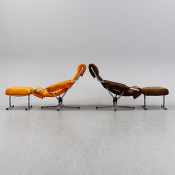 A pair of 1970's 'Luta' easy chairs and foot stools from Värnamo Sängkläder AB.