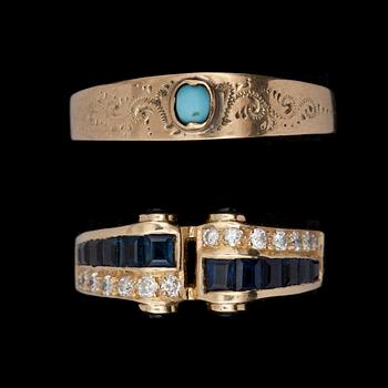 RINGAR, 2 st, 14K guld bla med små safirer och diamanter. Tot vikt ca 6,2g.