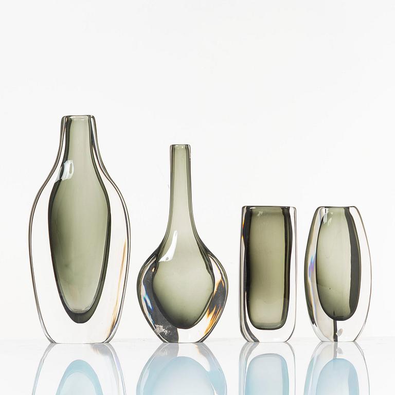 Nils Landberg, a set of four "Sommerso" vases, Orrefors, 1950s-60s.