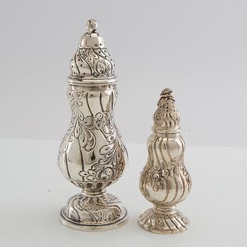 Sugar and salt shakers, Rococo style, silver, Swedish import marks, 20th century.