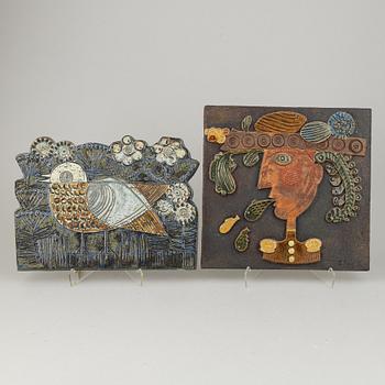 A stoneware wall relief, Stig Lindberg, Gustavsberg, and a stoneware wall relief Lisa Larsin, Gustavsberg.