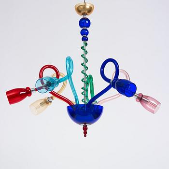 A multi coloured six light chandelier, Murano, Italy, around the year 2000.