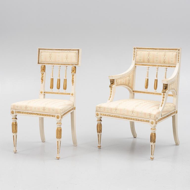 A pair of chairs and an armchair, late Gustavian style, early 20th century.