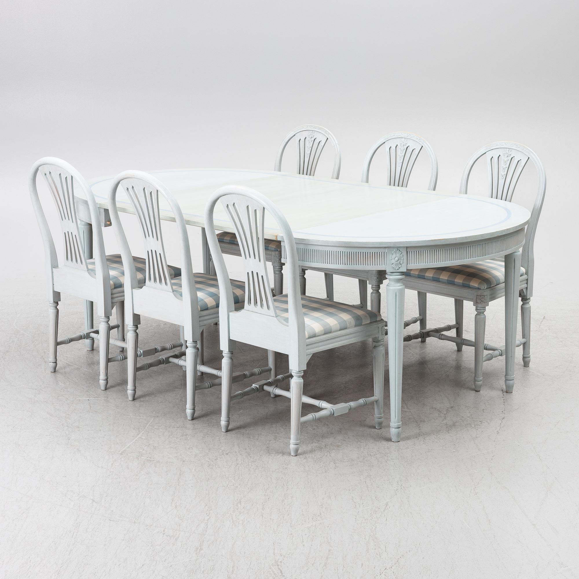 A Gustavian style seven-piece dining suite, mid-20th Century.