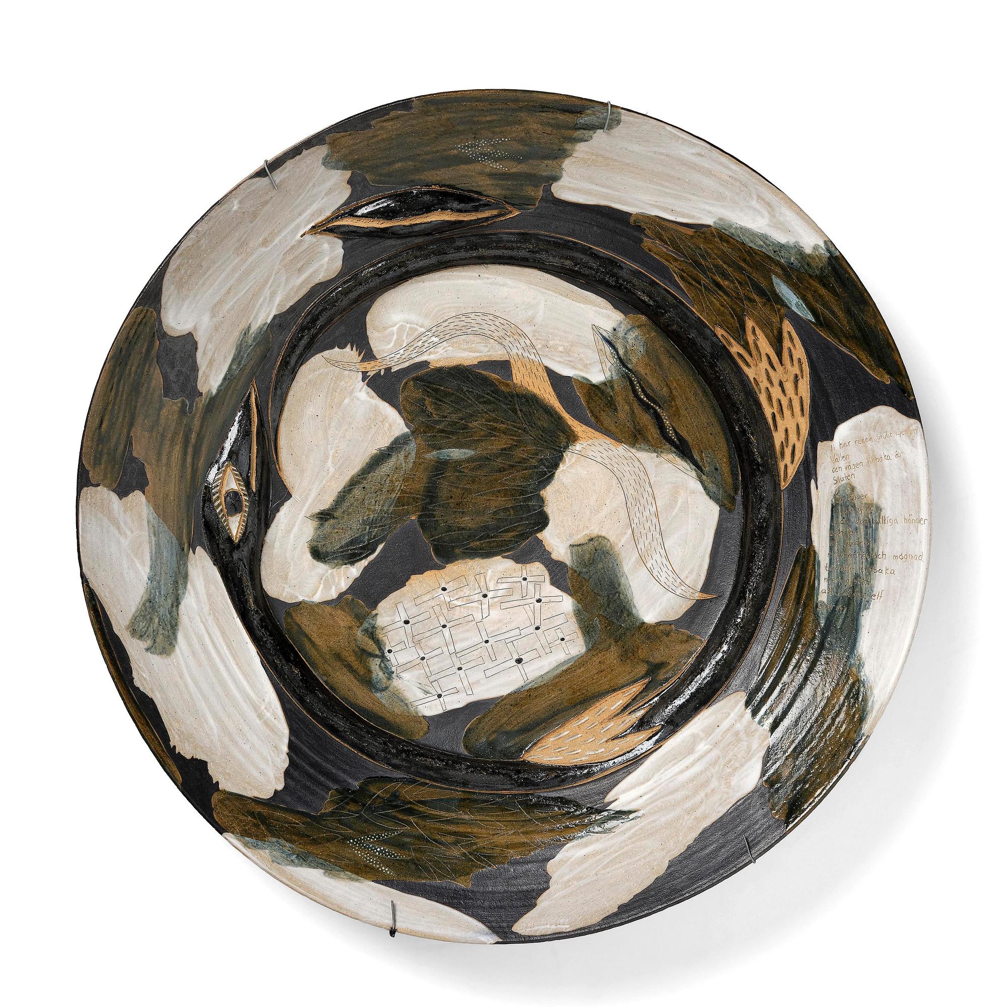 Eva Bengtsson, a large decorative chamotte stoneware dish, own studio, Frillesås, 1990s.