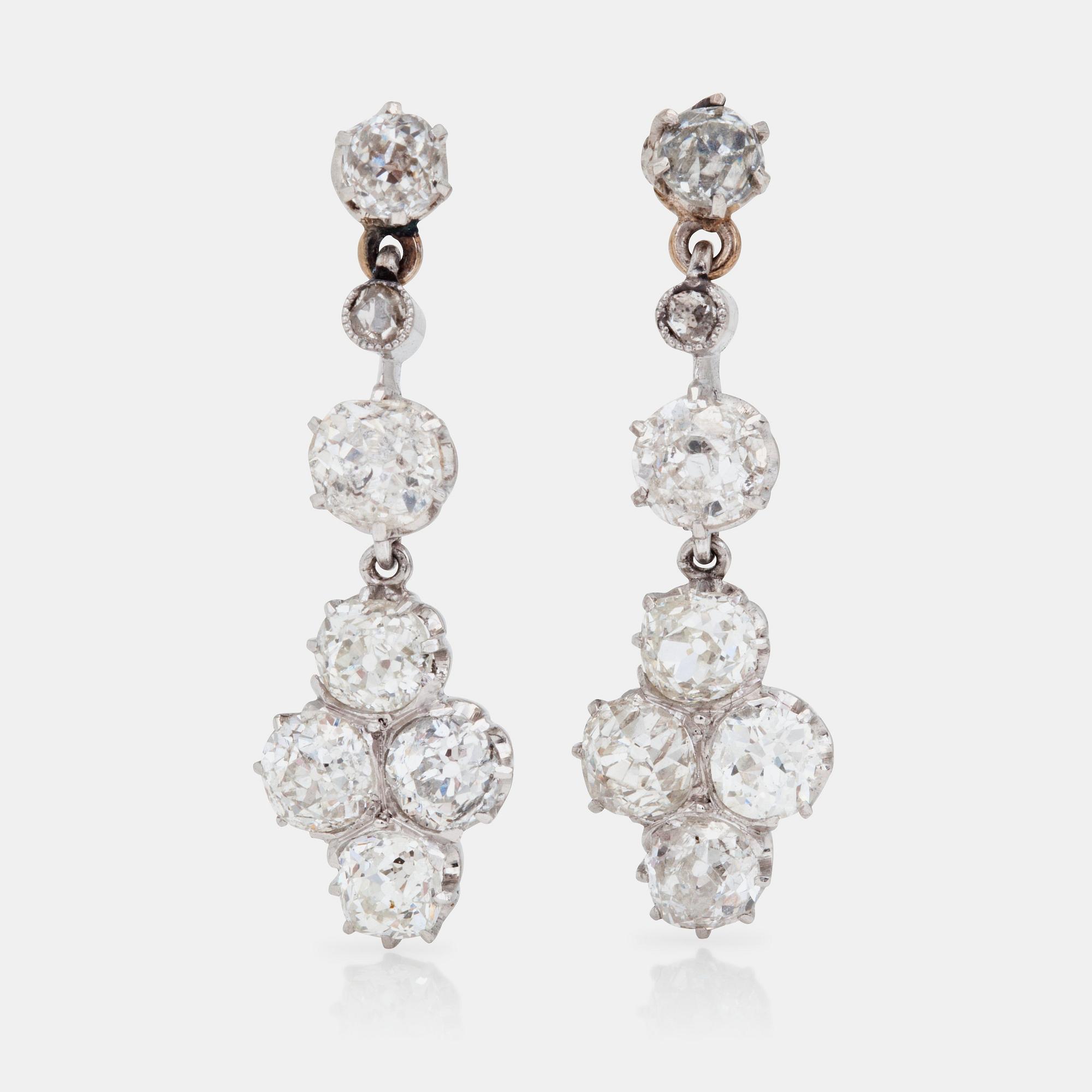 A pair of old-cut diamond earrings, total carat weight circa 4.00cts.