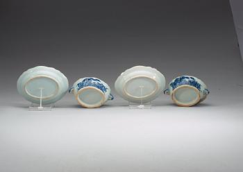 A pair of blue and white butter tureens with covers and stands, Qing dynasty, Qianlong (1736-95).