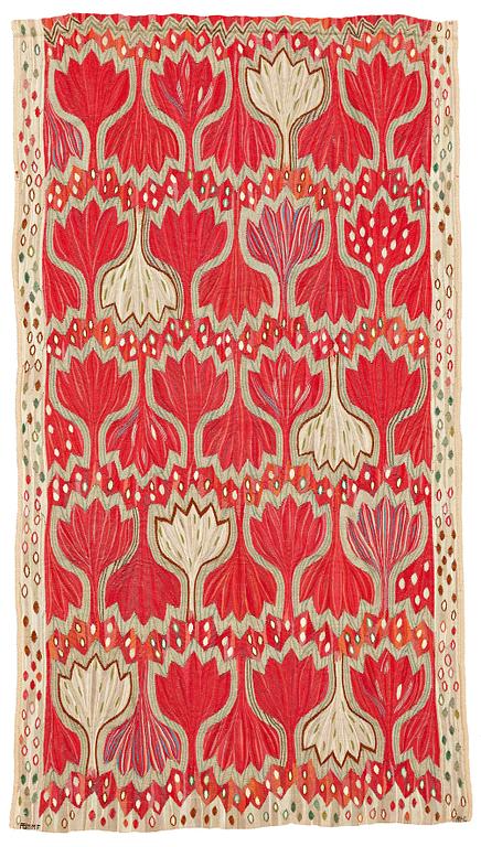 Ann-Mari Lindbom, gift Forsberg, VÄVD TAPET/DRAPERI, "Röd Crocus", gobelängvariant, ca 250,5 x 138,5-143 cm, signerad AB MMF AML.