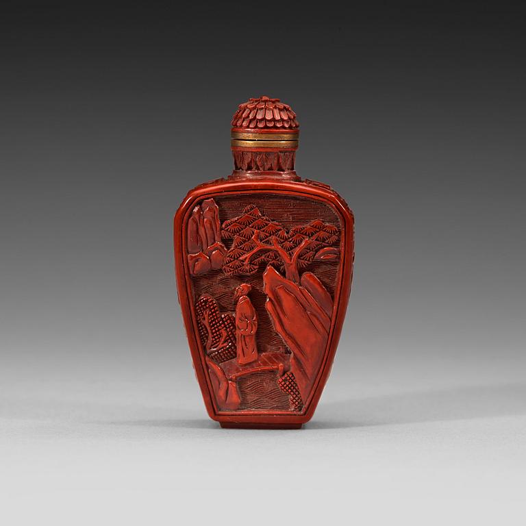 A cinnabar lacquer and bronze snuff bottle, Qing dynasty, and with Qianlong four character-mark, 19th century.
