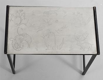 A Nils Fougstedt and Björn Trägårdh set of three engraved pewter top tables by Firma Svenskt Tenn ca 1930.