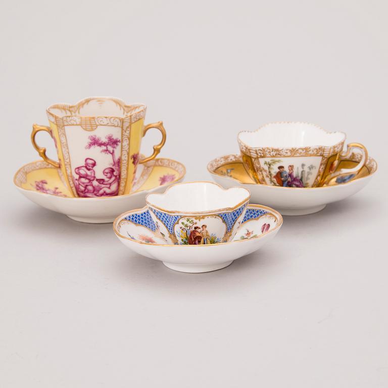 Three pairs of Dresden porcelain cups and saucers, 18th-19th Century.