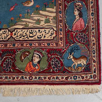 A rug, semi-antique Kashan, figural, ca 208 x 133 cm.