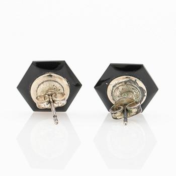 Earrings, a pair, silver and enamel with brilliant-cut diamonds.