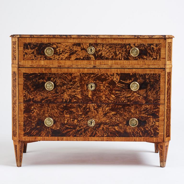 A late Gustavian burr alder-veneered commode, Mälardalen, late 18th century.