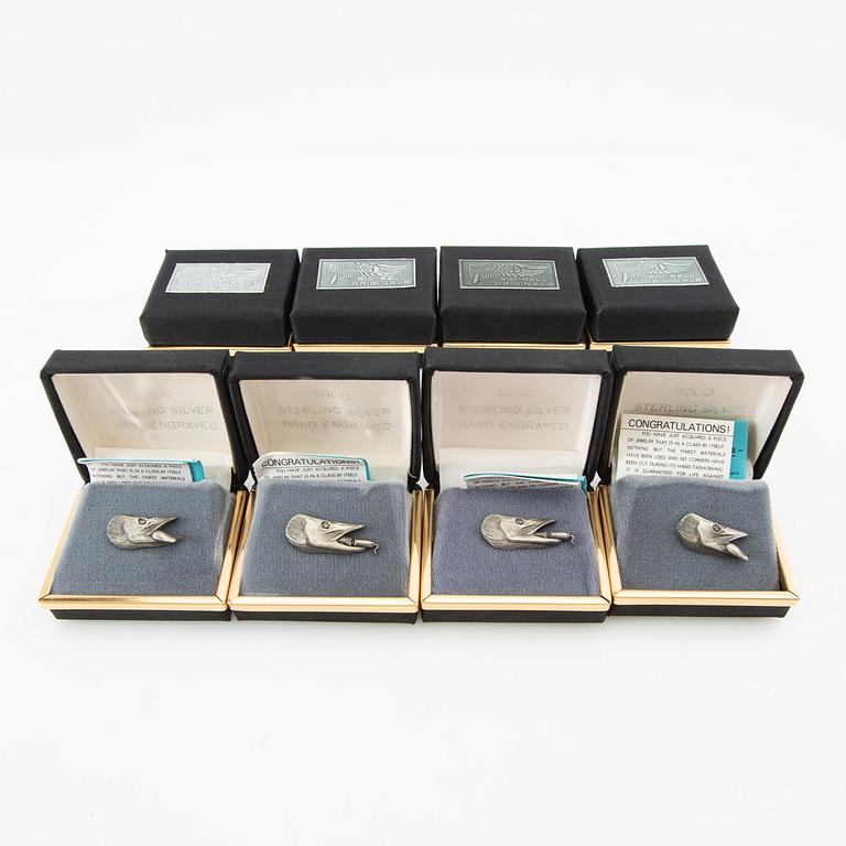 Side bell push pins 8 pcs in the form of a pike with a pull sterling silver, late 20th century.