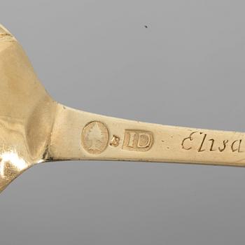 A Swedish 18th Century parcel-gilt large silver spoon, mark of Joachim Dyring, Hedemora 1751-1773 (1796)).