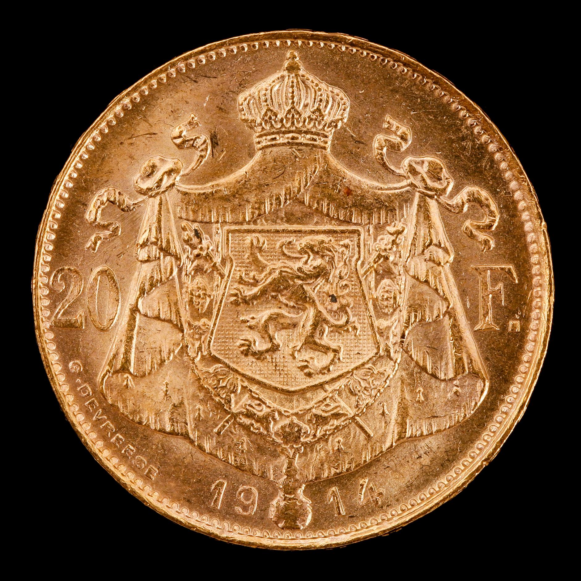 GULDMYNT, 20 fr, Albert, Belgien, 1914. Vikt ca 6 g.