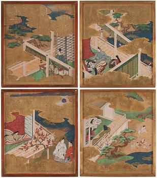 933. Målningar, fyra stycken av okänd konstär, akvarell och tusch på papper. Japan, Kyoto, 17/1800-tal,