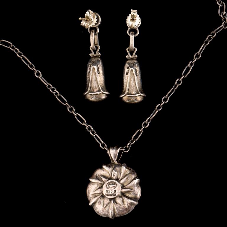 GEORG JENSEN, pendant and pair of earrings, sterling silver, late 20th century.