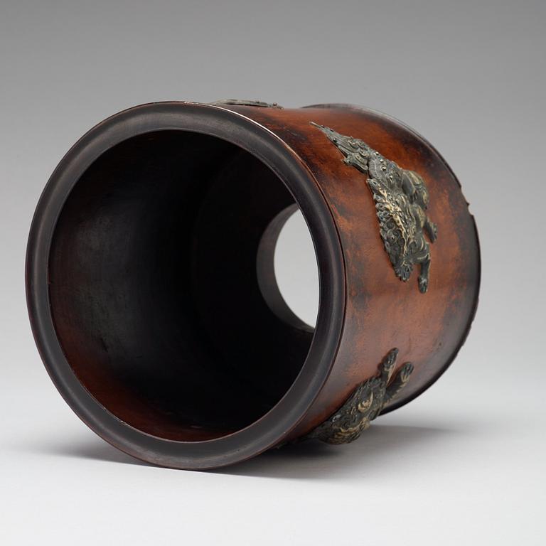 A wooden scroll/brush pot, late Qing dynasty.
