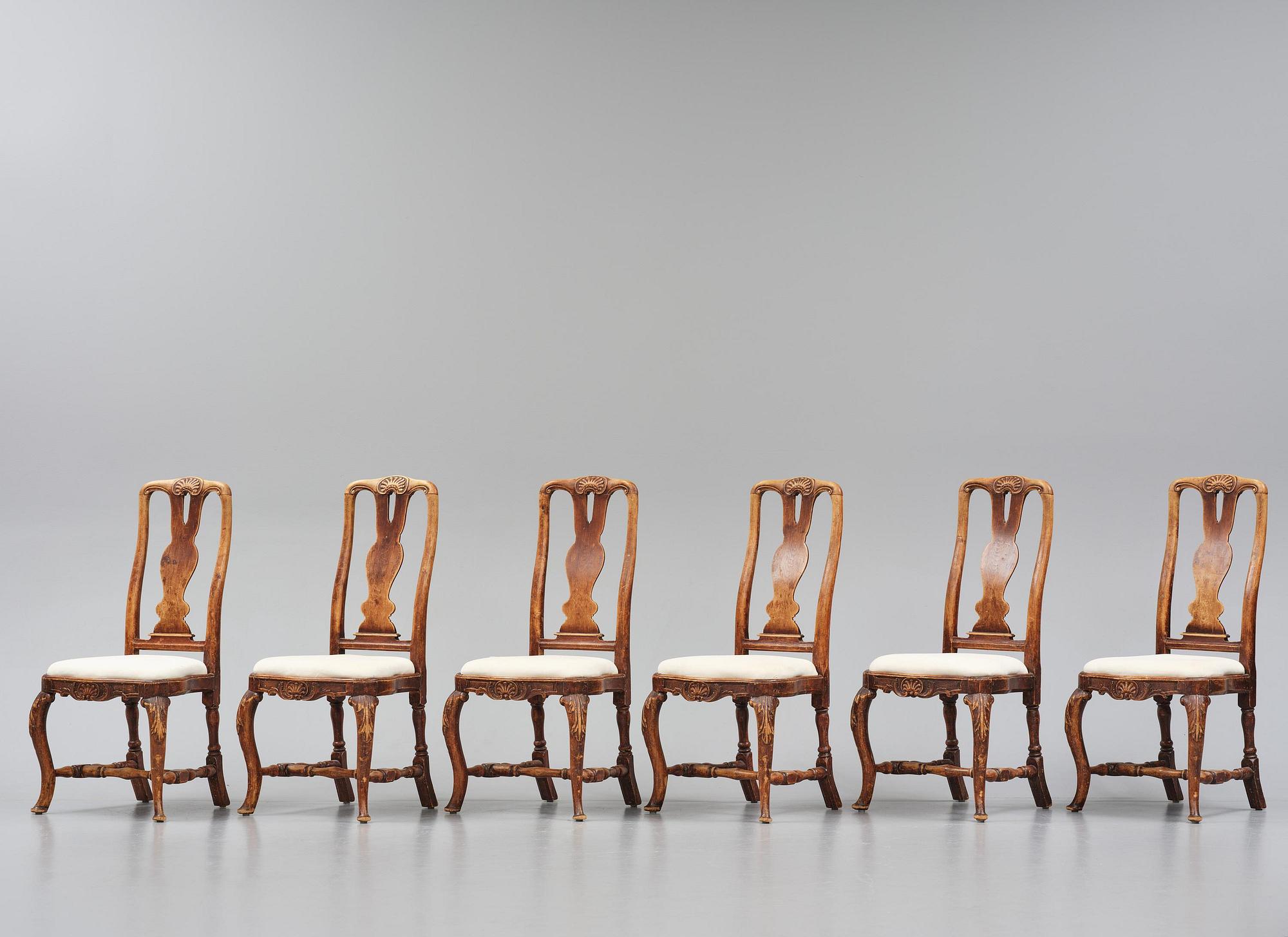 Stolar, sex stycken, Stockholmsarbeten, 1700-talets mitt,  tidig Rokoko.