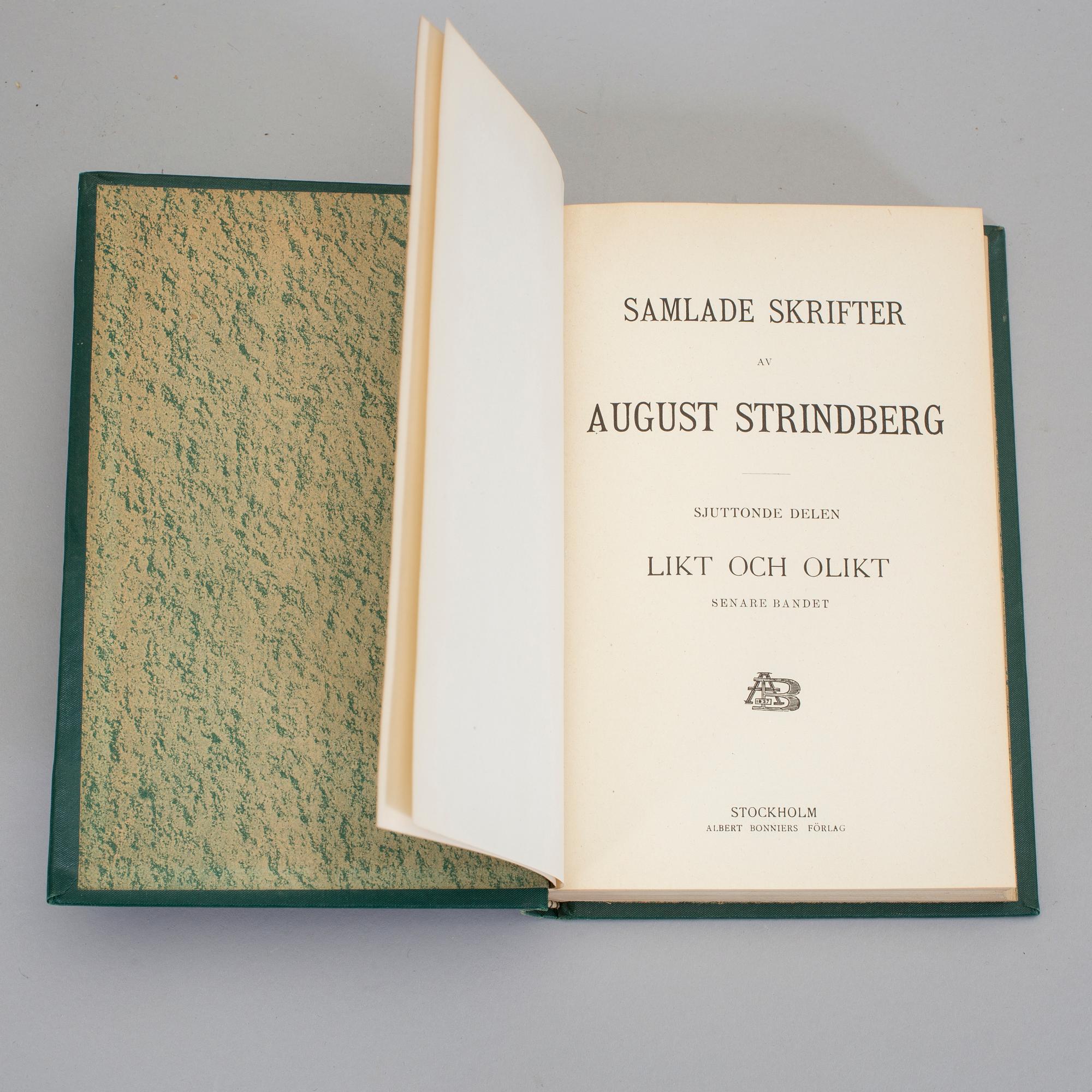 BOKBAND, 40 volymer, August Strindbergs samlade skrifter, Albert Bonniers förlag, Stockholm, 1910-/20-tal.