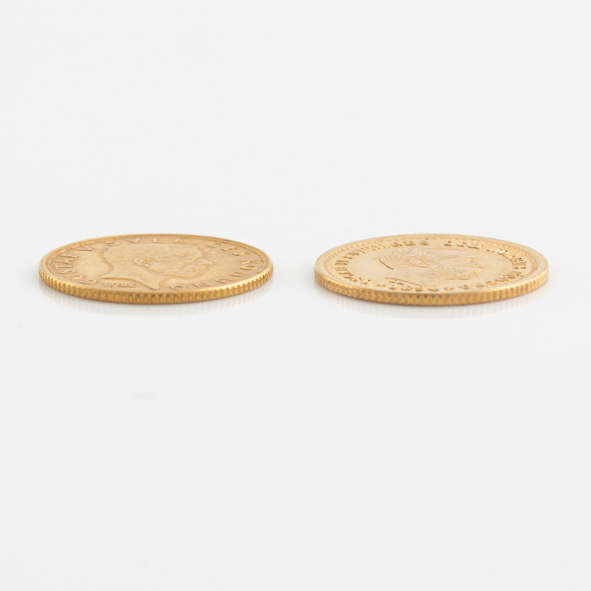 Oscar II & Gustav V, guldmynt 2 st, 5 kronor, 1894 och 1920.