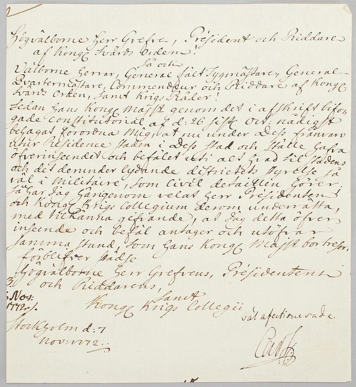 HERTIG KARL (1748-1818), egenhändigt signerat brev, daterat Stockholm 7 november 1772.