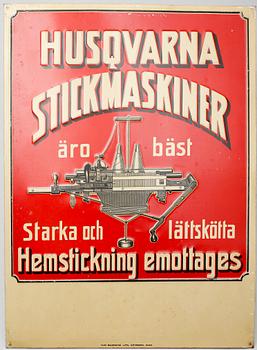 REKLAMSKYLT, Husqvarna, plåt, 1900-talets mitt.