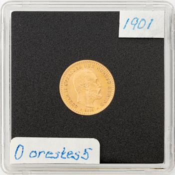 Gold coin, Oscar II, 5 kronor, type II, Sweden 1901.