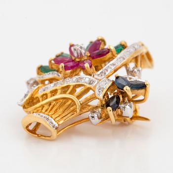 BROSCH/HÄNGE, Blomsterkorg med smaragder, rubiner, safirer och diamanter.