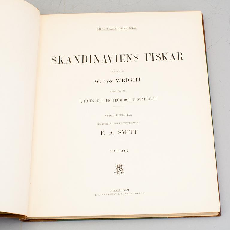 BOKVERK, 3 volymer, I+II+planschdel, "Skandinaviens Fiskar", FA Smitt, illustrerad av W von Wright, 2:a upplagan, 1895.