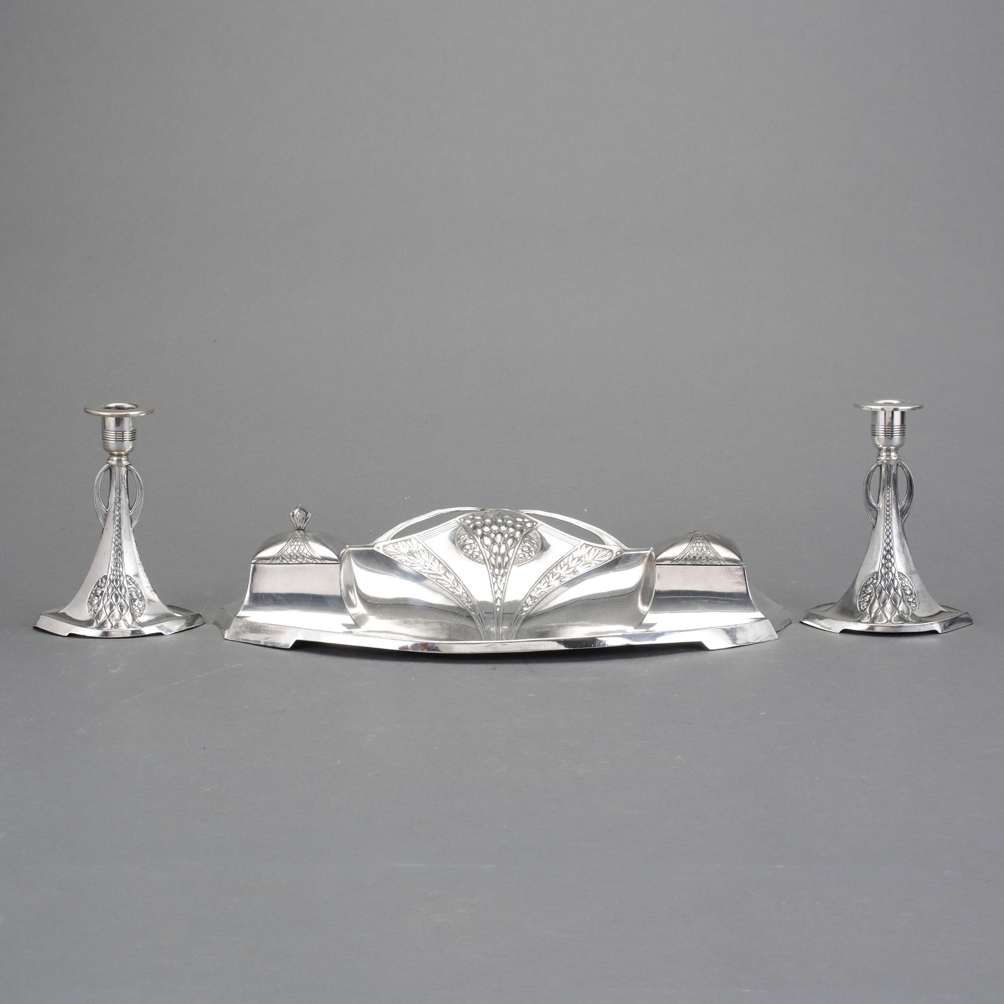 LJUSSTAKAR, ett par, samt SKRIVBORDSSTÄLL, WMF, försilvrad vitmetall, jugend 1900-talets början.