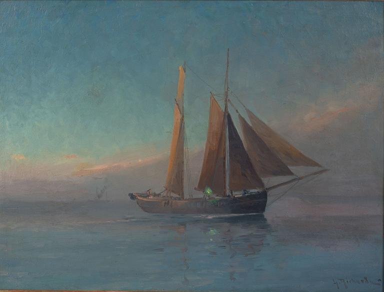 Ludvig Richarde, Two-masted flat-bottomed vessel in haze.
