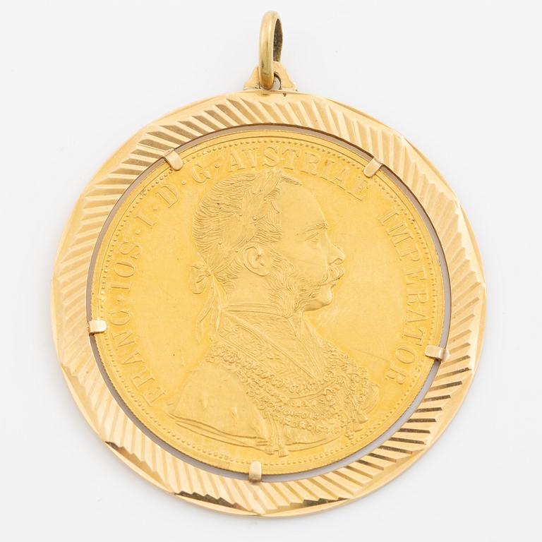 Gold coin. Austria-Hungary, 4 Ducat 1915, later striking, mounted as a pendant.