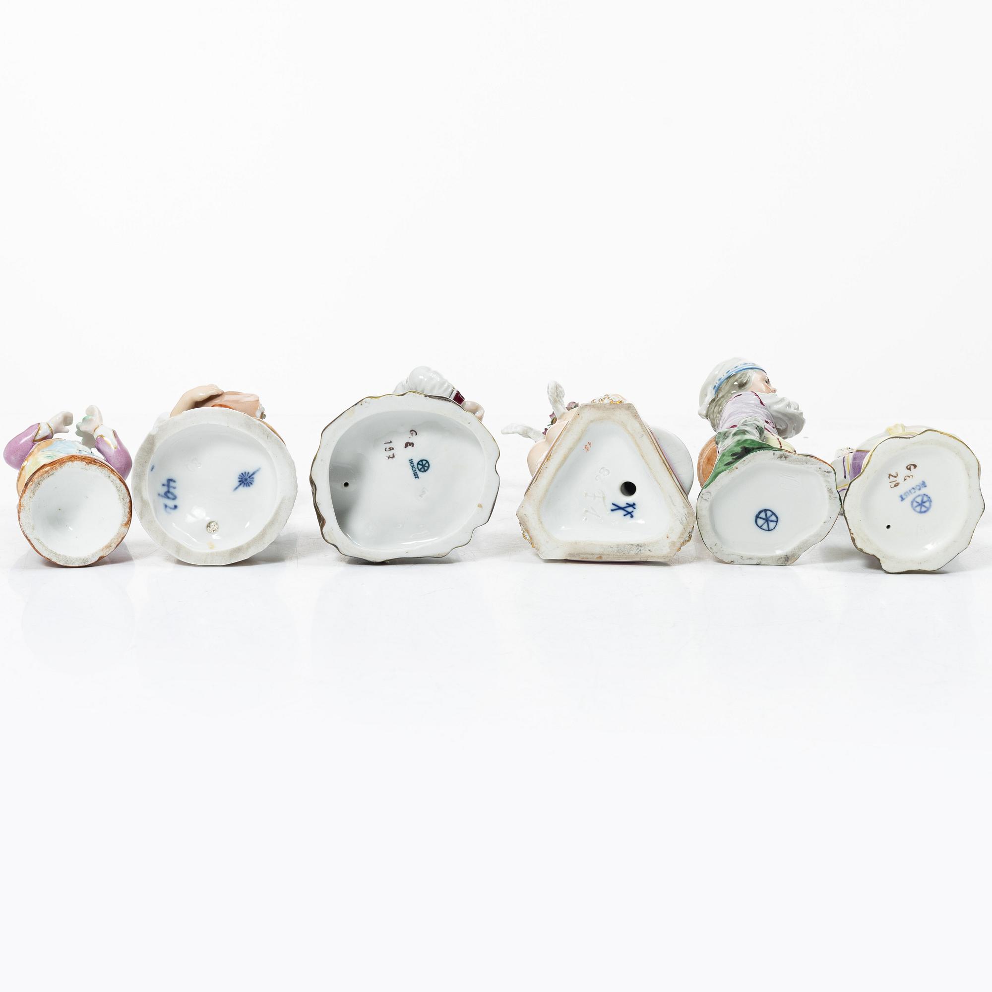Six porcelain figurines, including Meissen and Höscht, Germany, 19th-20th century.