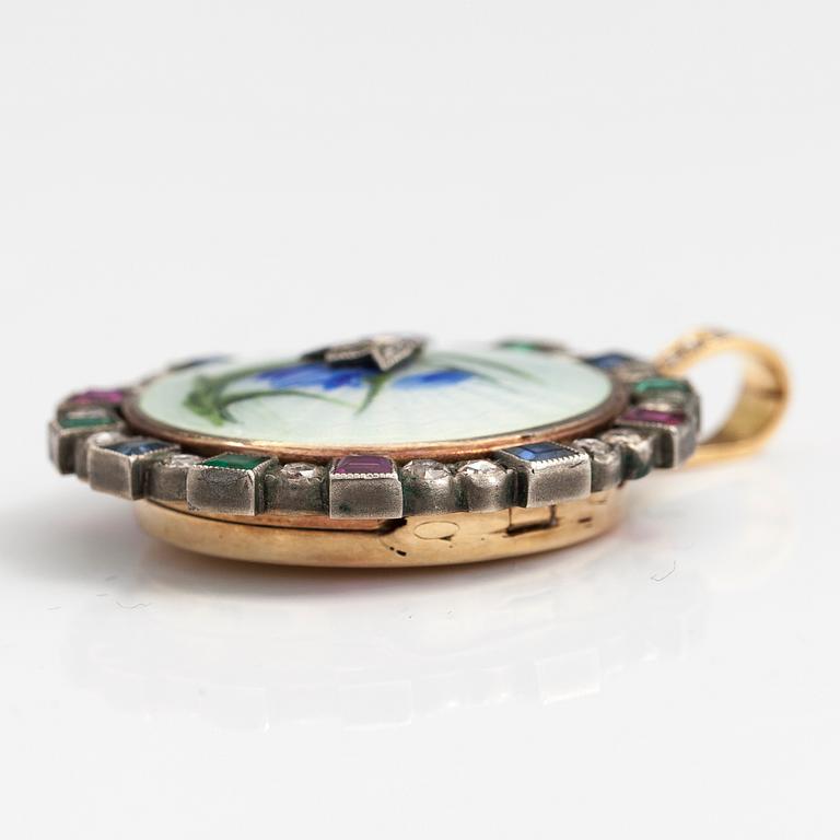 HÄNGE/MEDALJONG, 14K guld, silver, emalj, rosenslipade diamanter ca 1.00 ct, rubiner, smaragder och safirer.