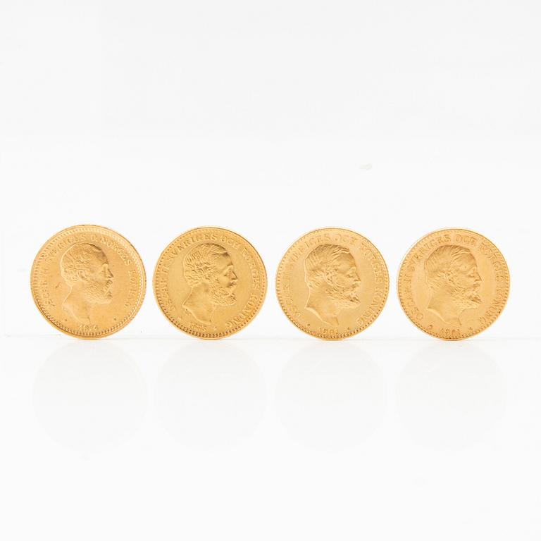 Gold coins, 4 pcs, 5-kronor, years 1874, 1883, 1901, Sweden, Oscar II.