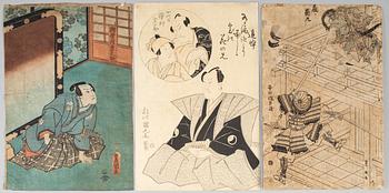 Three coloured woodblock prints, Japan. Utagawa Kunisada and unidentified, 19th century.