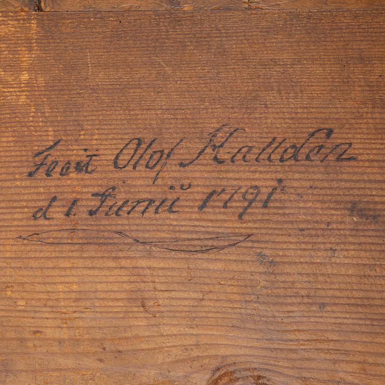 Lådspegel, gustaviansk, signerad "Fecit Olof Hallden d 1 junü 1791".
