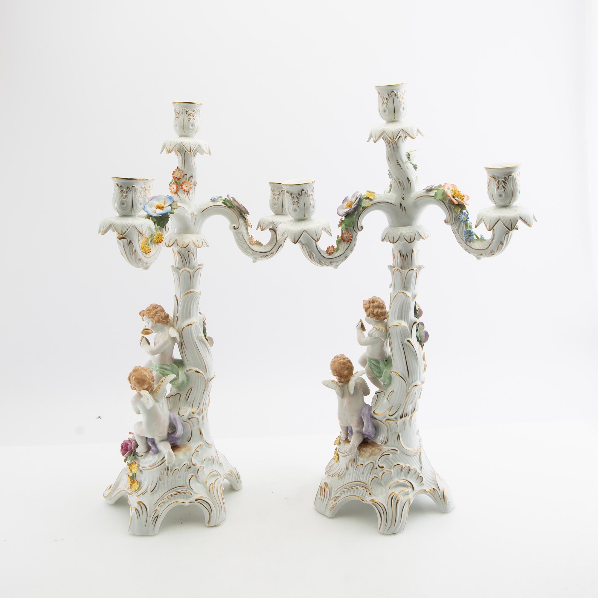 Candelabras a pair Schierholz Germany Rococo style mid-20th century porcelain.